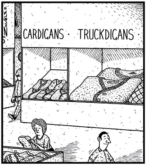 Cardigans/Truckdigans: Truck size jumpers on sale.