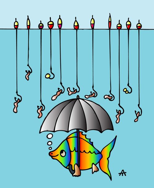 Fish using an umbrella to protect him from fishing hooks.