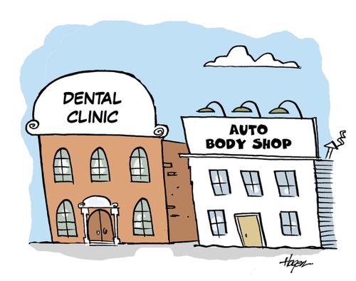 Dental clinic beside body shop.