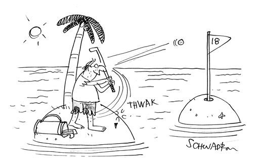 Man playing golf on desert island.