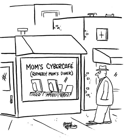 Man sees eatery, 'Mom's Cyber Cafe', below it reads, 'Formerly Mom's Diner'.