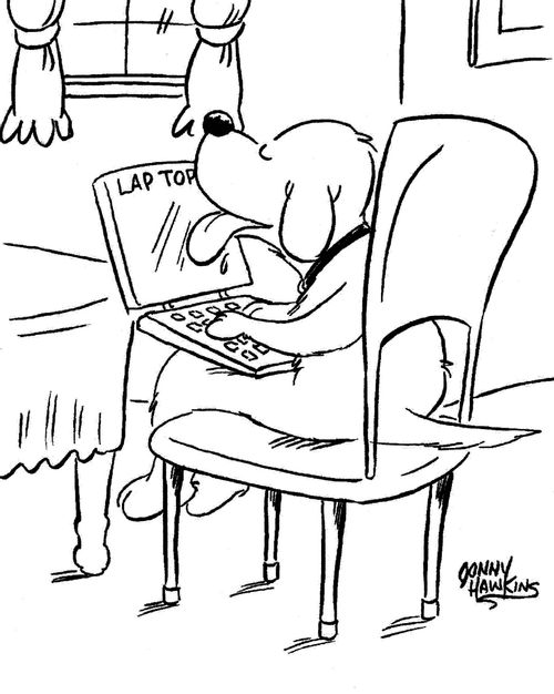 Dog licking laptop.