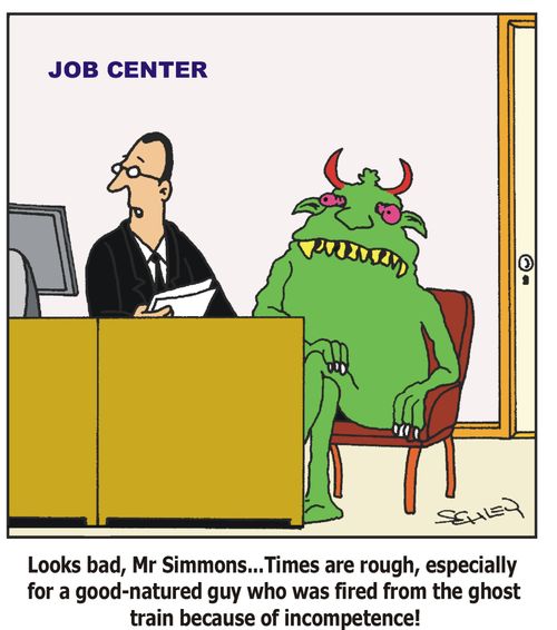 At the Job Center: 'Looks bad, Mr Simmons... Times are rough, especially for a good-natured guy who was fired from the ghost train because of incompetence!'
