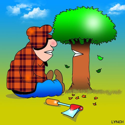 Lumberjack and tree share a smile.