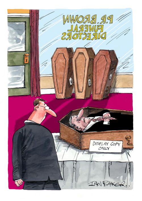 Coffin in funeral home reads: Display Copy Only.