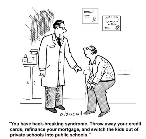 You have back-breaking syndrome. Throw away your credit cards, refinance your mortgage and switch the kids out of private schools into public schools.
