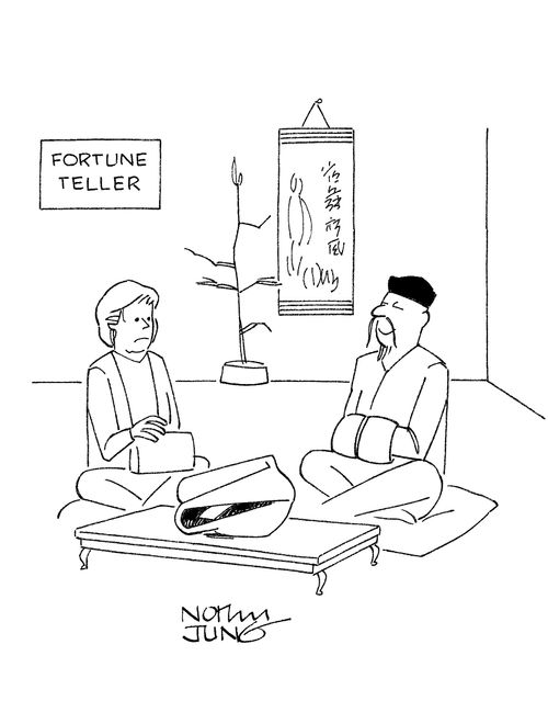 Oriental fortune teller has a fortune cookie in place of a crystal ball
