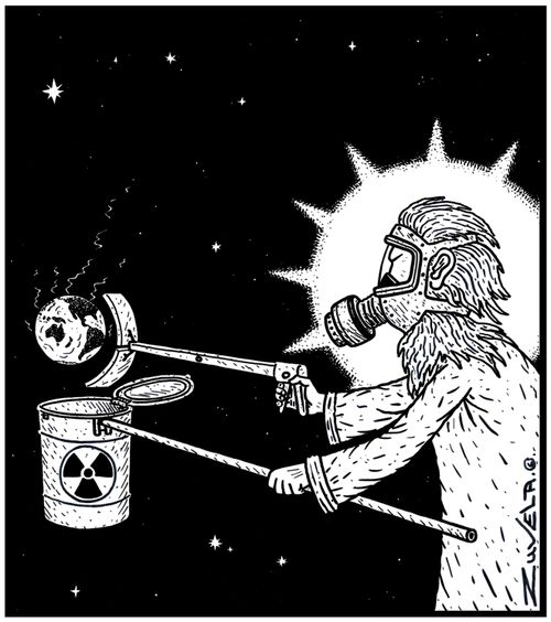 A not-so-happy God wearing protective clothing putting the Nuclear leaking Planet Earth in a Nuclear waste container 