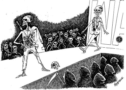 War fashion show. Death watches on as new uniforms are displayed.
