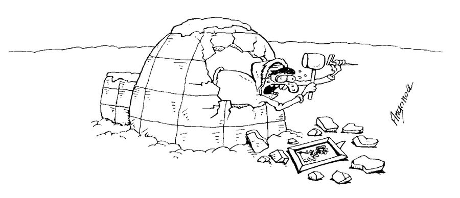 Man breaking the wall of his igloo while trying to hang a picture