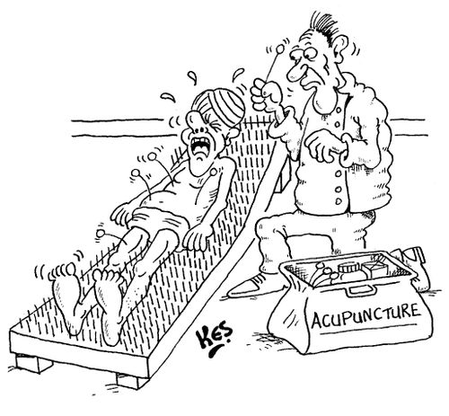 Fakir being hurt by acupuncture.
