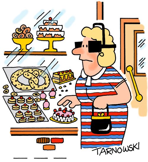 Woman walking through a bakery with blinkers on.