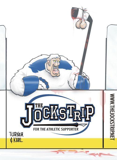 Ice hockey player with testicles on his stick.