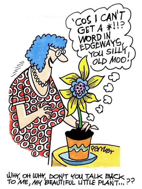 "Why, oh why, don't you talk back to me, my beautiful little plant...??"