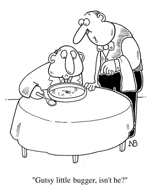 Fly in soup, "Gutsy little bugger isn't he?"