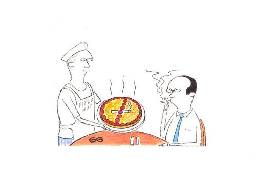 Customer being served a pizza with a 'no smoking' topping.