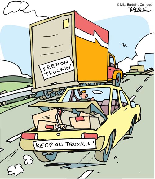 Bumper stickers: 'Keep on Truckin''; 'Keep on Trunkin''.