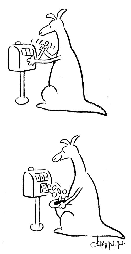 Kangaroo sweeps winnings into pouch.
