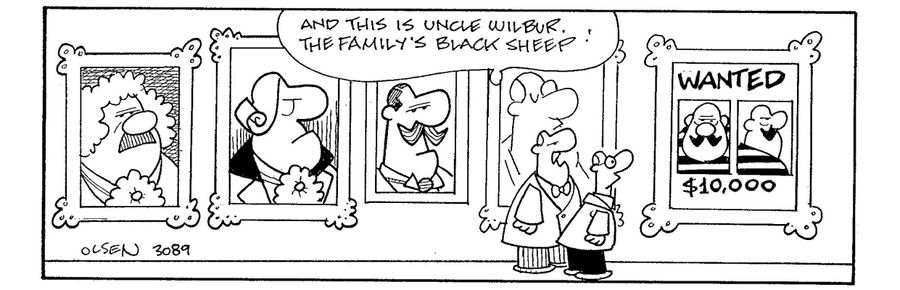 'And this is uncle Wilbur, the family's black sheep!'('Wanted' poster in portrait gallery).