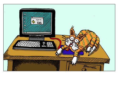 Cat has swallowed computer mouse.