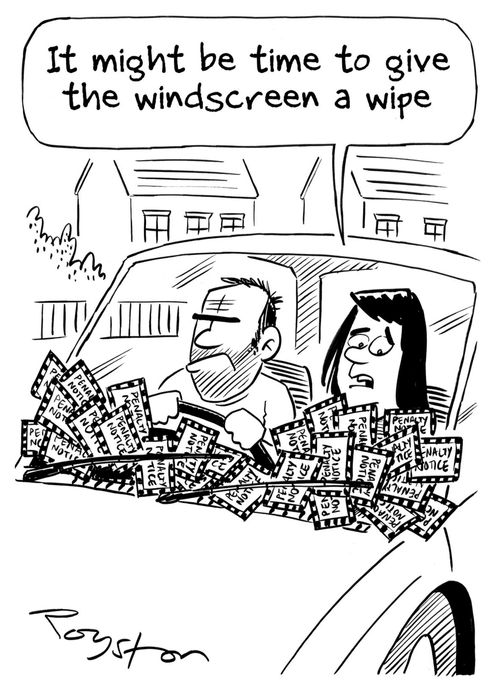 Dozens of parking tickets under windscreen wipers. Woman passenger says: 'It might be time to give the windscreen a wipe.'