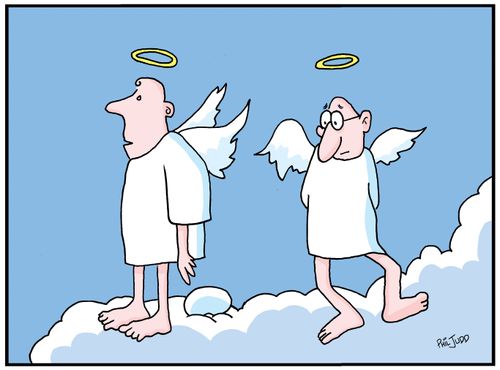 Angels on a cloud. One has an egg under him.