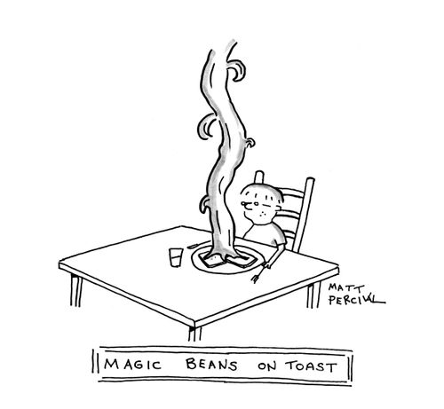 A child sitting at a table with a beanstalk growing on his food. Caption: 'Magic Beans on Toast'.
