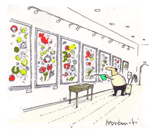 Museum janitor waters floral paintings.