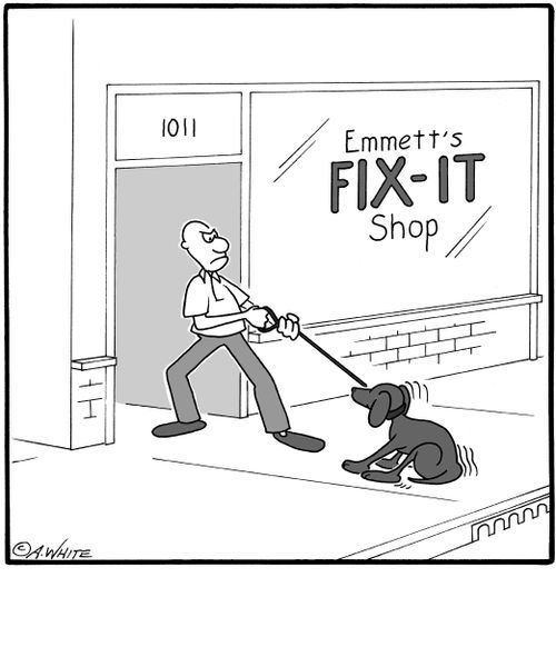 Man dragging dog into Emmett's Fix-It Shop.