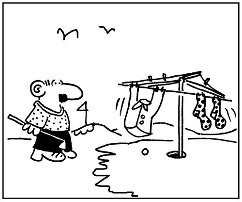 'Washing hanging on the golf flag.'