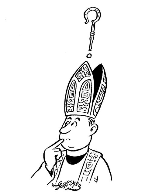 Bishop looking non plussed with a shepherds' crook for a question mark above his head.