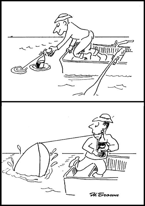 Man picks up a bottle out at sea and pulls up a boat.