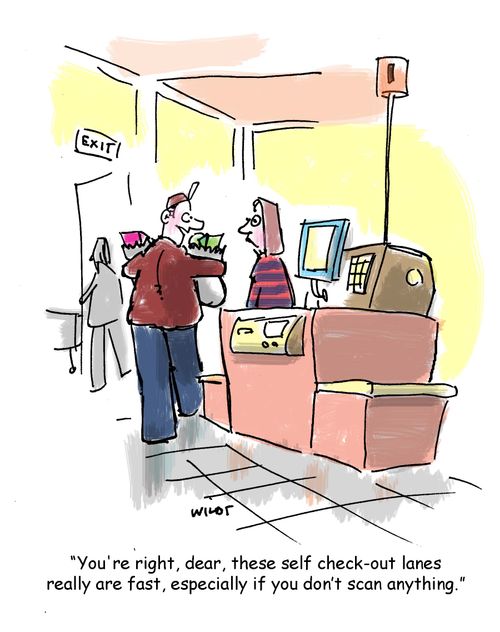 'You're right, dear, these self check out lanes really are fast, especially if you don't scan anything.'