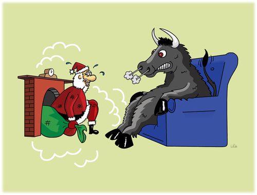 Santa Claus meets a bull.