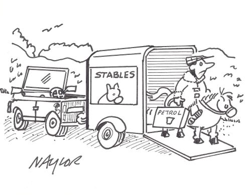 A horse and rider go to fetch some petrol for a stranded horse trailer.