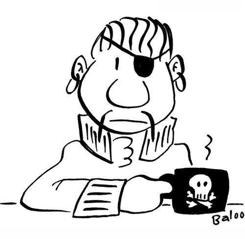 Pirate has skull and crossbones logo on his coffee cup.