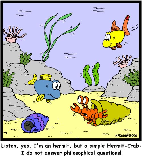 'Listen, yes, I'm an hermit, but a simple Hermit-Crab: I do not answer philosophical questions!'