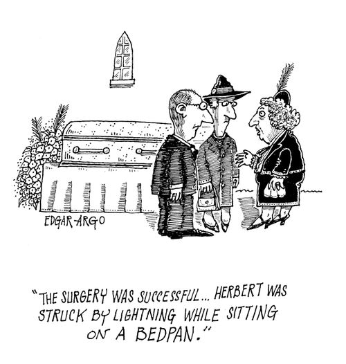 'The surgery was successful...Herbert was struck by lightening while sitting on a bedpan.'