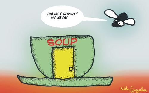 The art of Eddy Cucumba: fly and soup cup.