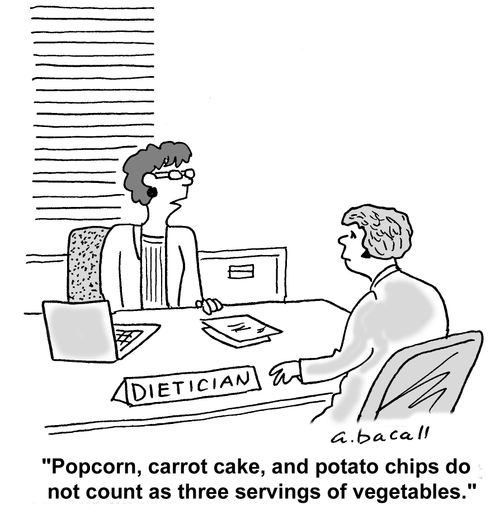 'Popcorn, carrot cake, and potato chips do not count as three servings of vegetables.'