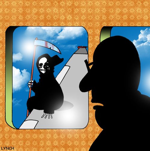 Man on Plane looks out the window and sees the Grim Reaper.