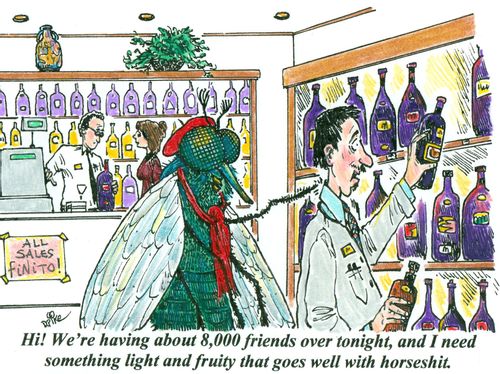 'Hi! We're having about 8,000 friends over tonight, and I need something light and fruity that goes well with horseshit.'