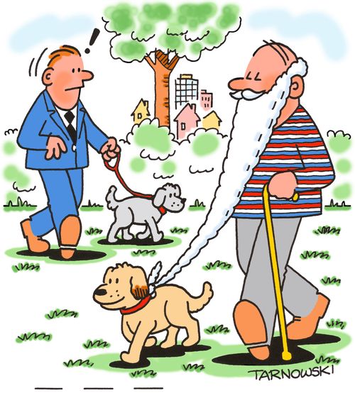 Man using his beard as a dog lead.