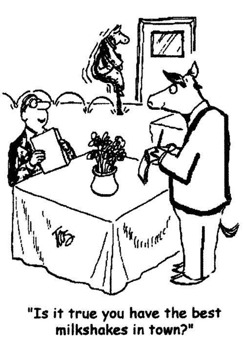 'Is it true you have the best milkshakes in town?' (Cow on a pogo stick).