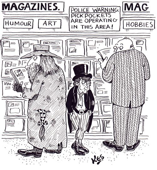 Man near pick-pocket warning sign sees Fagin and The Artful Dodger.