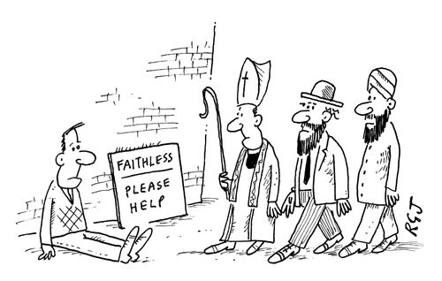 Man with sign stating "Faithless - please help."