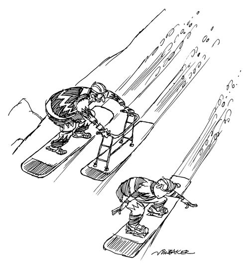Old man copying snow boarder