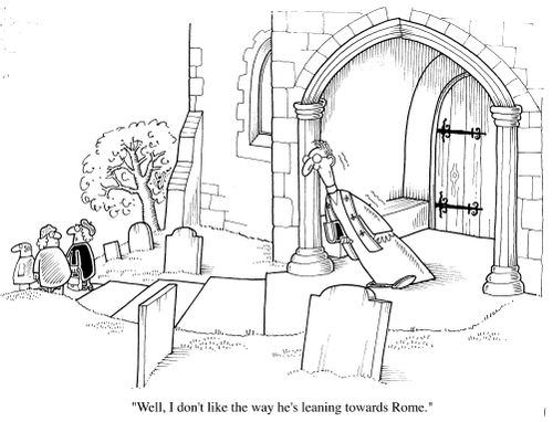 Women outside church, "well I don't like the way he's leaning towards Rome."