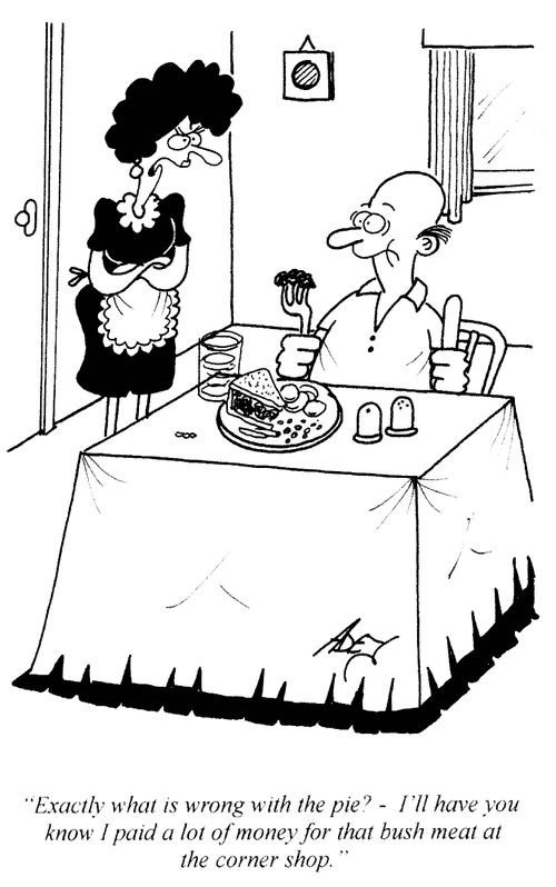 'Exactly what is wrong with the pie? I'll have you know I paid a lot of money for that bush meat at the corner shop.'