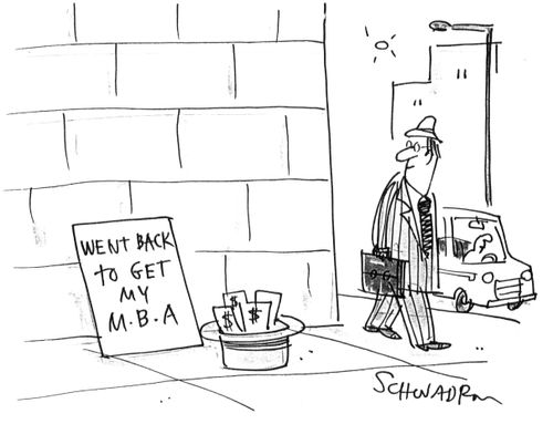 Sign by panhandlers spot - 'Went back to get my M.B.A'.